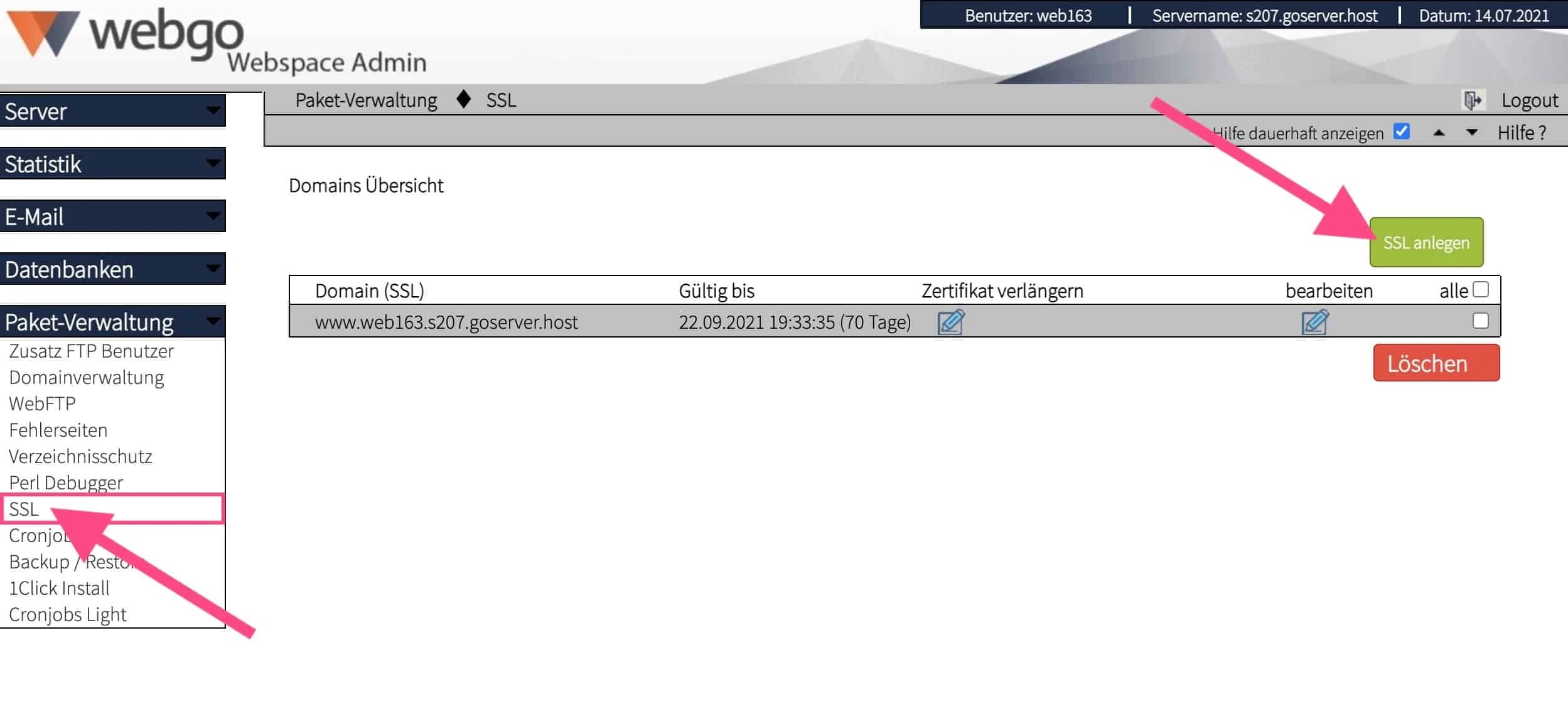SSL-Zertifikat im webgo Webspace-Admin anlegen