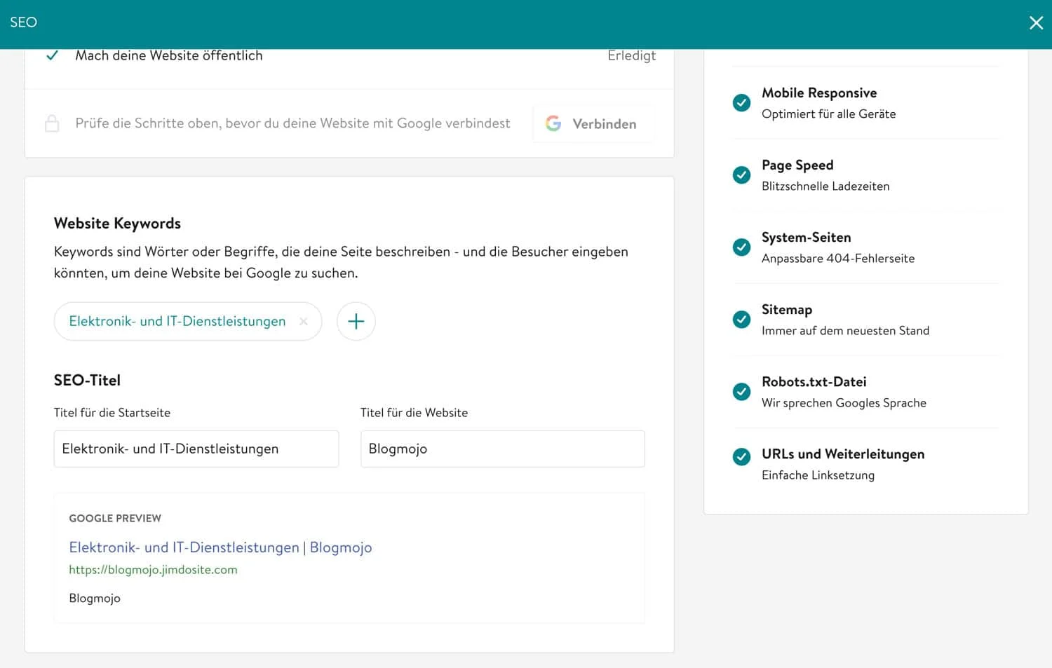 Jimdo bietet SEO-Basic-Einstellungen für Einsteiger