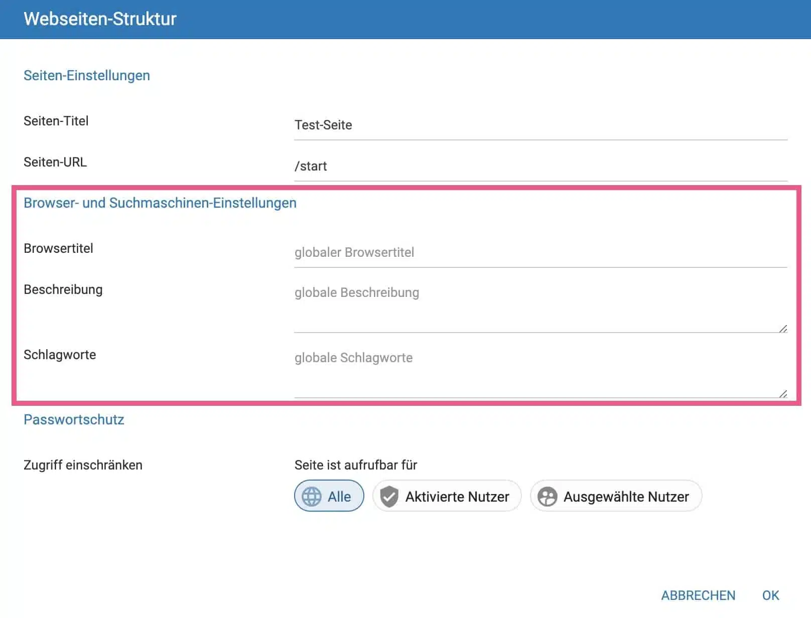 SEO-Einstellungen beim STRATO Homepage-Baukasten